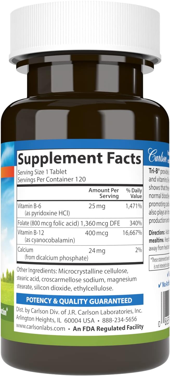 Carlson Tri-B Vitamin B Complex – 25 mg B6, 400 mcg B12, Folic Acid – 120 Tablets - görsel 2