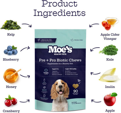Moe's Probiotic Chews for Dogs 90ct – Pumpkin Flavour Prebiotics & Probiotics for Gut Health, Digestion, Immunity and Itchy Skin Relief