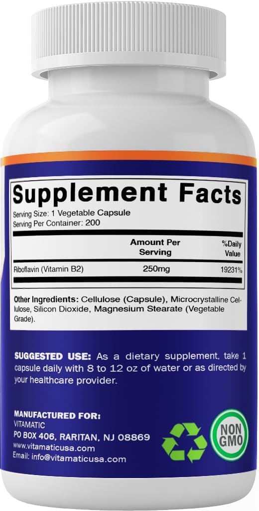 Vitamin B2 (Riboflavin) 250 mg, 200 Vegetarian Capsules – Contributes to Energy Metabolism, Nervous System Health, Skin & Eye Health, Antioxidant Support – Non-GMO, Gluten-Free - görsel 9