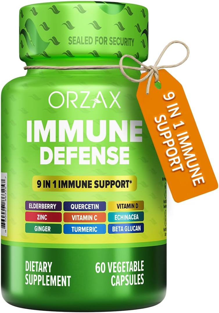 ORZAX 9 in 1 Immune Defence Supplement High Strength Vitamin C & D with Zinc, Quercetin, Turmeric & Ginger, Echinacea Capsules - Herbal Defence for Immune System Support - 60 Veg Capsules - görsel 1