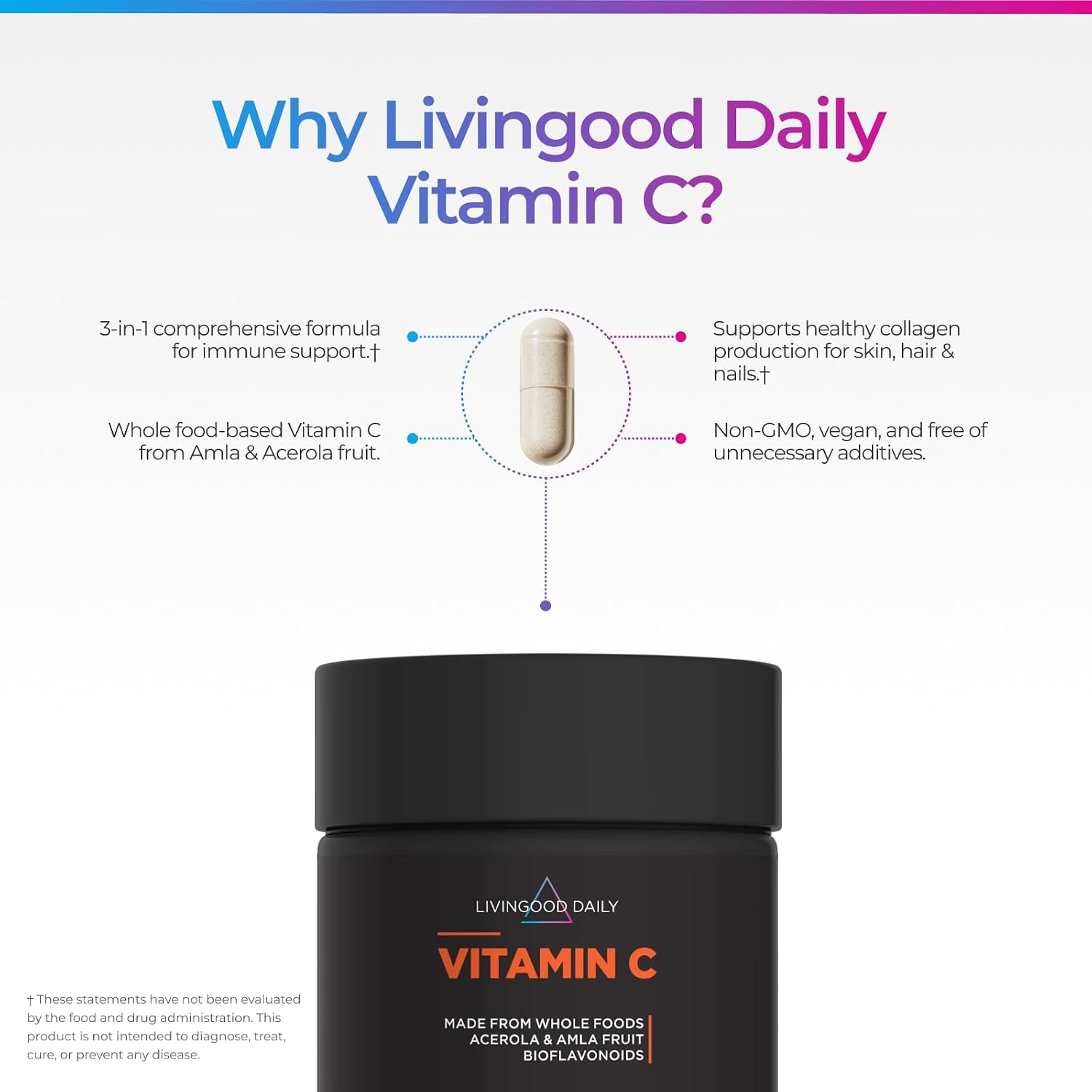 Livingood Daily Vitamin C Supplement - 3-in-1 Whole Food-Based with Acerola & Amla Fruit Extracts and Citrus Bioflavonoids - 60 Capsules - görsel 3