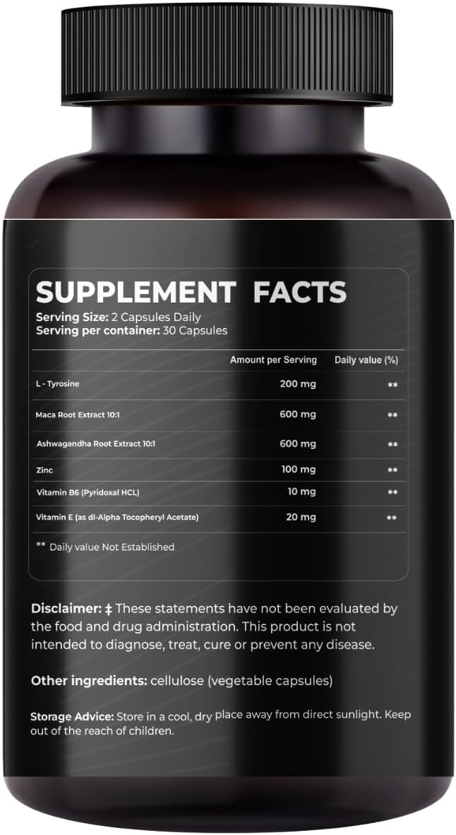 Mishas Nutraceuticals L-Tyrosine with Maca Root, Ashwagandha & Vitamins Complex – Energy, Mental Focus, Stress Relief & Immunity Support – 60 Capsules (30 Servings) - görsel 7