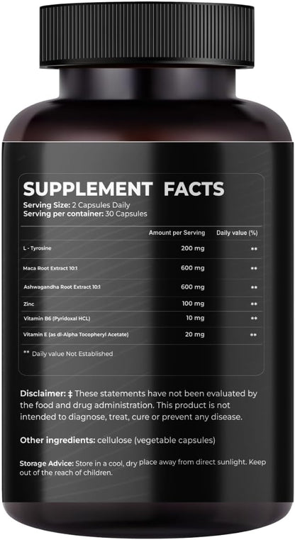 Mishas Nutraceuticals L-Tyrosine with Maca Root, Ashwagandha & Vitamins Complex – Energy, Mental Focus, Stress Relief & Immunity Support – 60 Capsules (30 Servings)