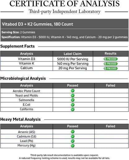 Vitabod Vitamin D3 + K2 Gummies – Bone & Heart Health Support – 180 Pectin-Based Vegan Gummies