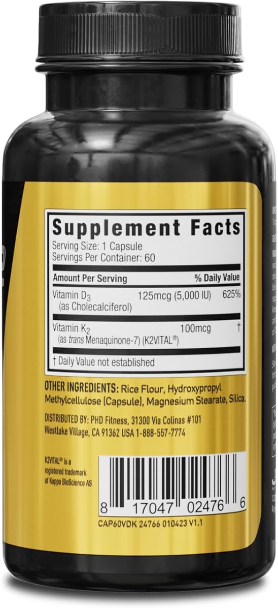 JYM D3 + K2 Supplement with 5000 IU D3 and 100 mcg of Vitamin K2 as MK7 - Bone and Immune System Health for Men & Women, Enhanced Calcium Absorption - 60 Vegetarian Capsules - görsel 2