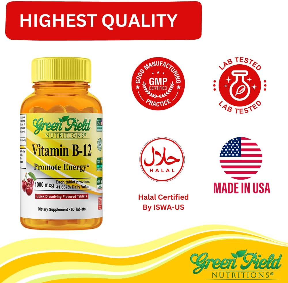 Greenfield Nutritions Halal Vitamin B12 1000mcg Sublingual Tablets - Cherry Flavour, 60 Count - görsel 6