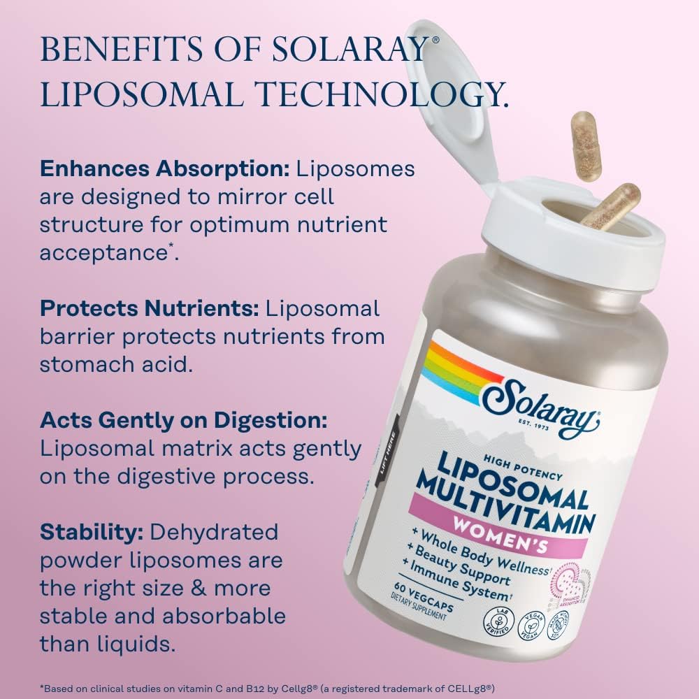 SOLARAY Liposomal Multivitamin for Women – High Potency with Iron, Vitamin D, C, B12, Biotin, CoQ10 – Enhanced Absorption – 60 VegCaps - görsel 4