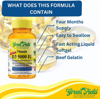Greenfield Nutritions Halal Vitamin D3 5000 IU (125 mcg) Softgels – 120 Pack