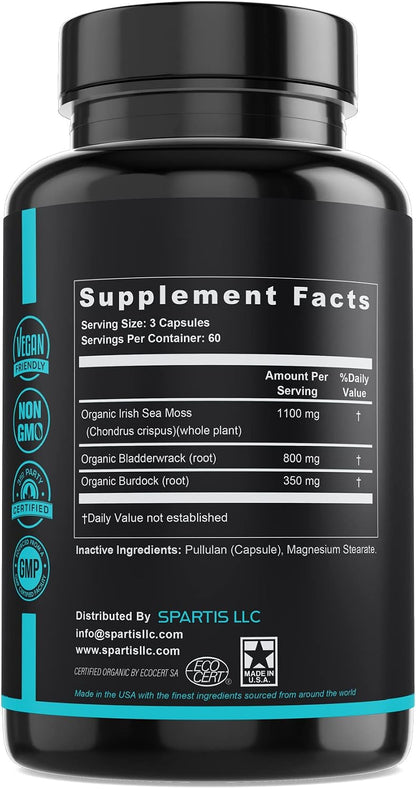 Certified Organic Sea Moss Capsules 2250mg – Wildcrafted Irish Sea Moss, Burdock Root & Bladderwrack Supplement (180 Capsules)