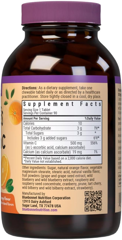 Bluebonnet EarthSweet Vitamin C 500 mg Chewable Tablets, Orange – 90 Chewable Tablets