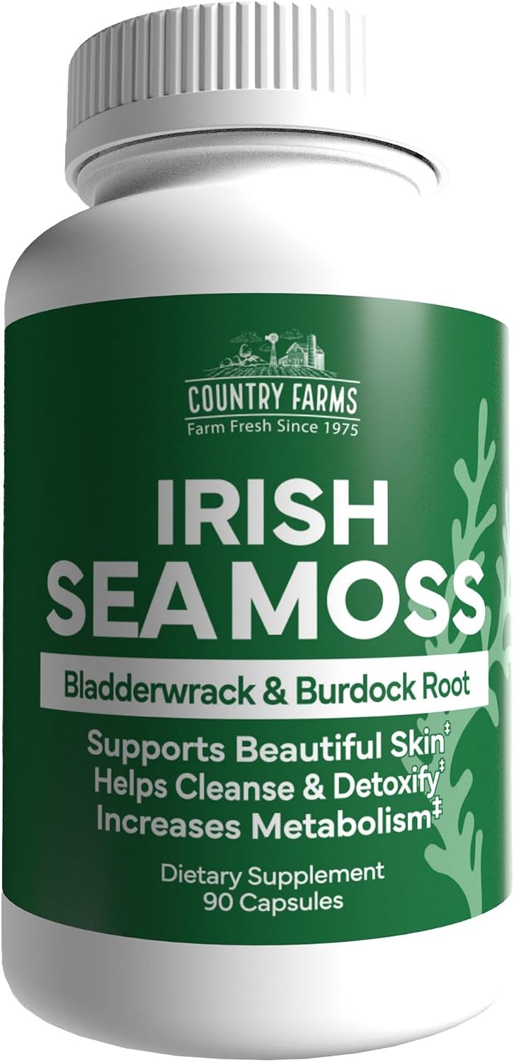 Country Farms Irish Sea Moss Capsules - Supports Healthy Skin, Immune Support, Healthy Gut & Natural Energy - with Burdock Root and Bladderwrack - 90 Capsules - görsel 1