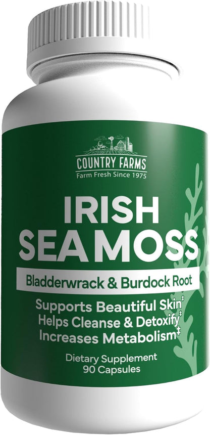 Country Farms Irish Sea Moss Capsules - Supports Healthy Skin, Immune Support, Healthy Gut & Natural Energy - with Burdock Root and Bladderwrack - 90 Capsules