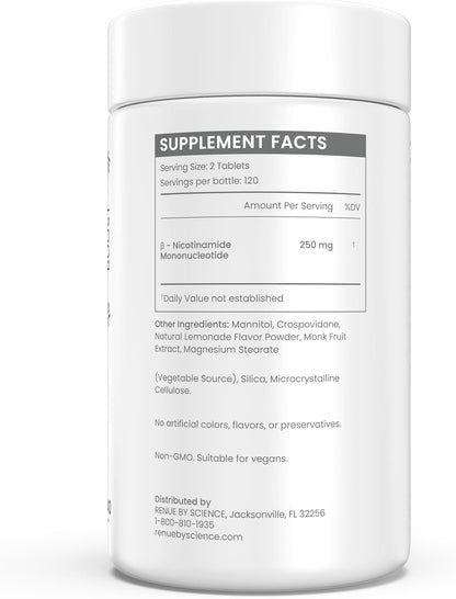 Renue By Science NMN Supplement – 240 Chewable Vegetarian Tablets, 250mg Nicotinamide Mononucleotide per Serving, Lemon Flavour