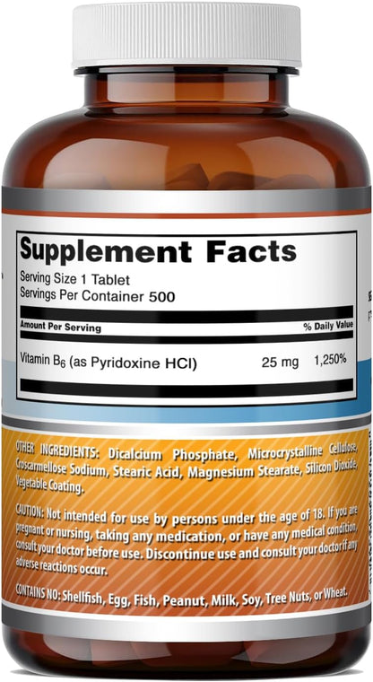 Amazing Formulae Vitamin B6 (Pyridoxine) 25 mg Supplement - 500 Tablets