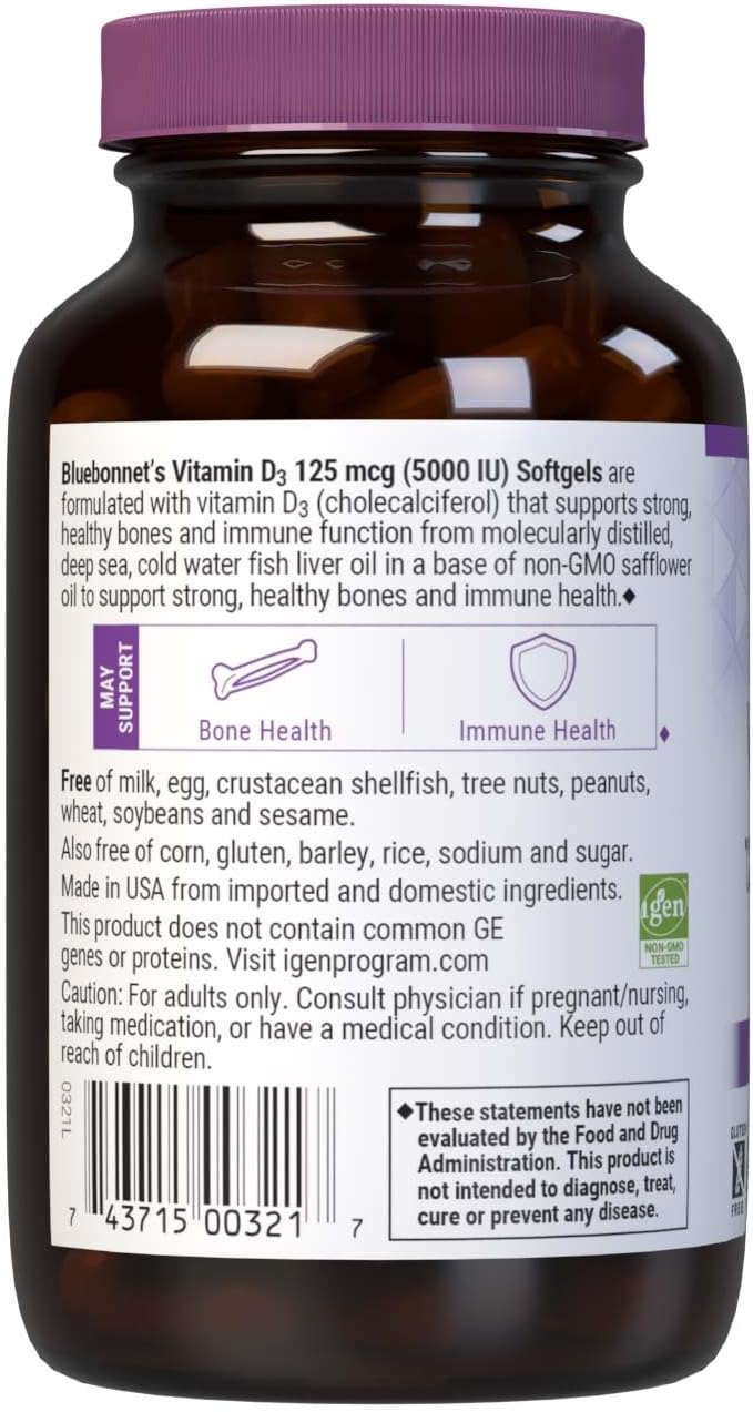 Bluebonnet Nutrition Vitamin D3 2000 IU Softgels - Non-GM, Gluten-Free, 100 Capsules - görsel 3