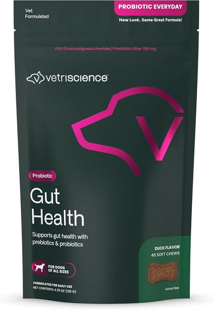 VetriScience Gut Health Chews, Probiotic Digestive Supplement for Dogs, Duck, 120 Chews