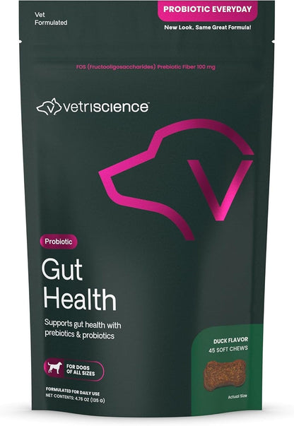 VetriScience Gut Health Chews - Probiotic Everyday Digestive Supplement for Dogs, Duck Flavour, 45 Chews