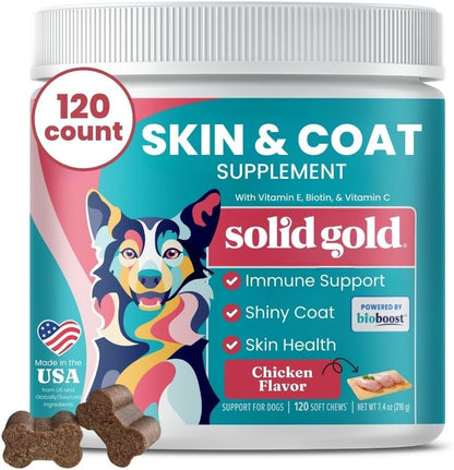Solid Gold Omega-3 Fish Oil for Dogs Soft Chews - Chicken Flavoured - Skin & Coat Support with Vitamins C, E & Biotin - 120 Chews