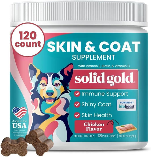Solid Gold Omega-3 Fish Oil for Dogs Soft Chews - Chicken Flavoured - Skin & Coat Support with Vitamins C, E & Biotin - 120 Chews