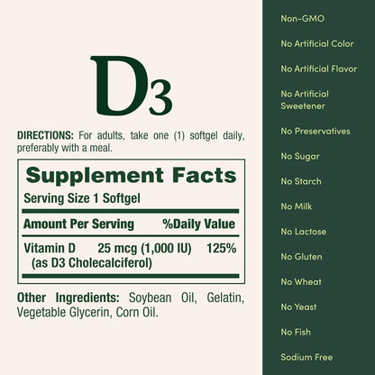 Nature's Bounty Vitamin D3 1000 IU, 120 Softgels – Immune & Bone Health Support