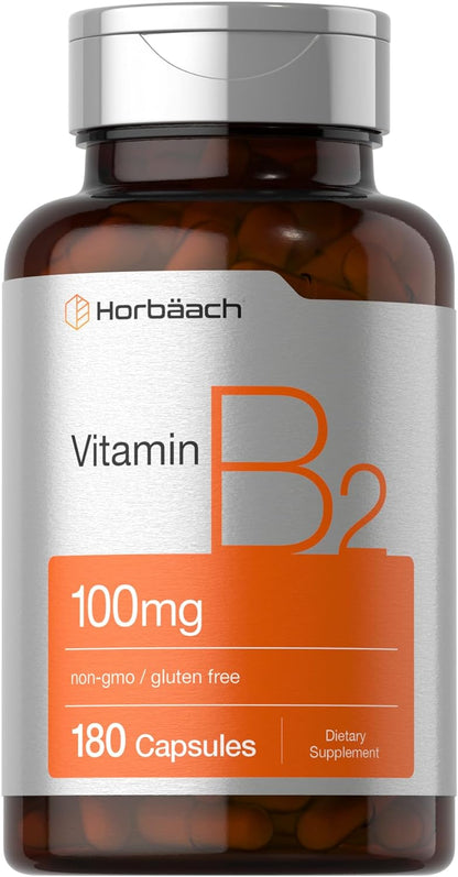 Horbäach Vitamin B2 100 mg, 180 Capsules - Riboflavin Supplement, Non-GMO & Gluten-free