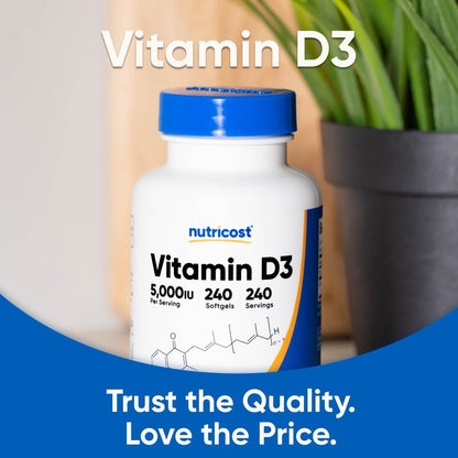 Nutricost Vitamin D3 5,000 IU (125 µg), 240 Soft gel capsules - Non-GM and Gluten-free Vitamin D