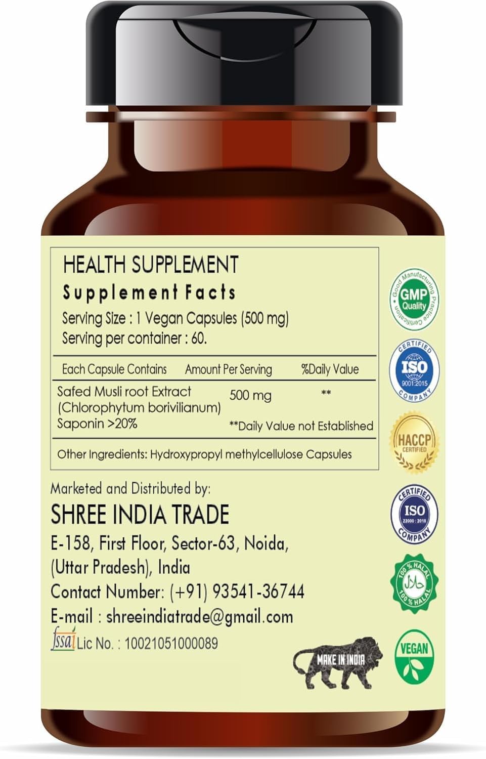 Safed Musli Extract 500mg – 60 Vegetarian Capsules | Chlorophytum Borivillianum | All Natural | 100% Vegan | Gluten-free - görsel 3
