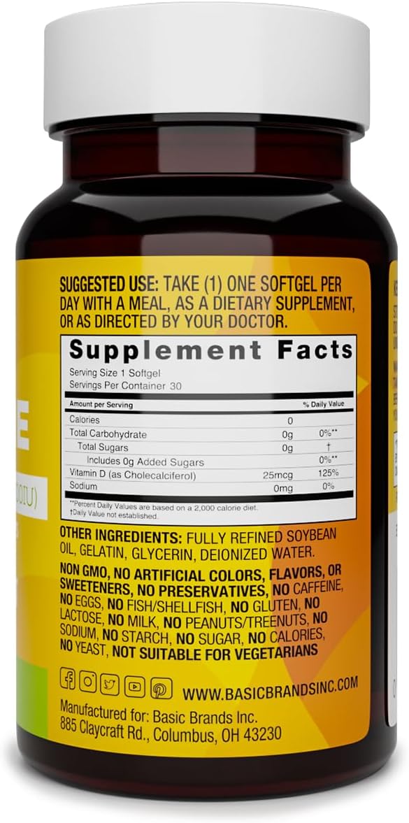 Basic Brands Happy Sunshine Vitamin D3 2000 IU Daily Supplement, 30 Soft gel capsules - görsel 2