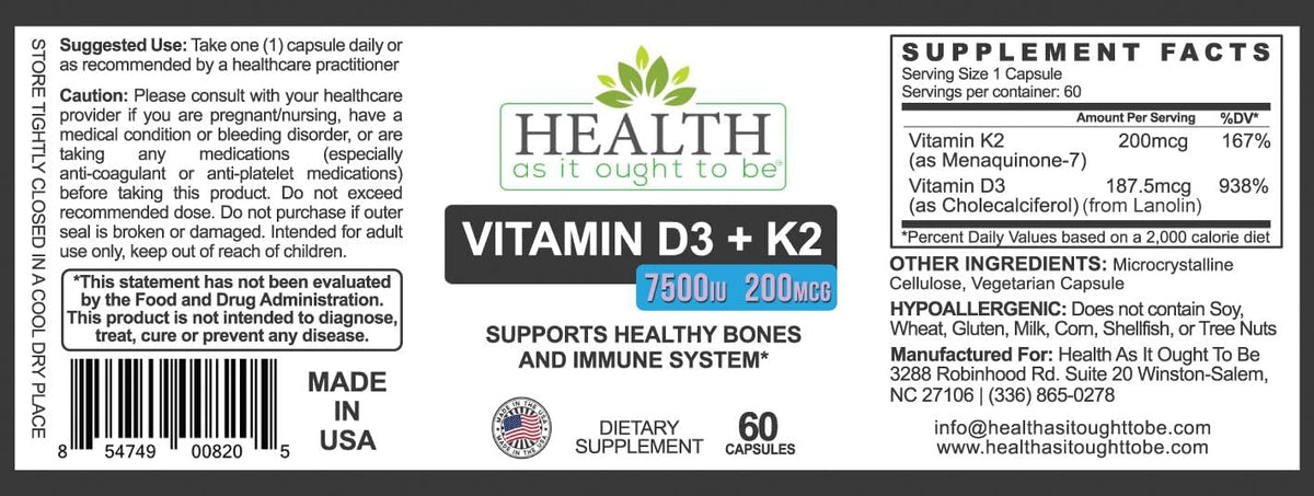 Health As It Ought To Be D3+K2 Food Supplement: Vitamin D3 7500 IU + K2 200 mcg, 60 Capsules - görsel 2