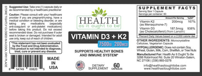 Health As It Ought To Be D3+K2 Food Supplement: Vitamin D3 7500 IU + K2 200 mcg, 60 Capsules