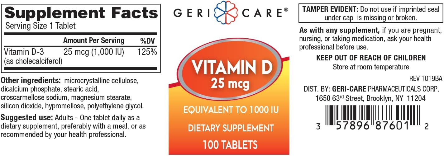 GeriCare Vitamin D 25mcg Tablets, Contributes to Normal Bone Health & Immune Function, Food Supplement, 100 Tablets - görsel 7