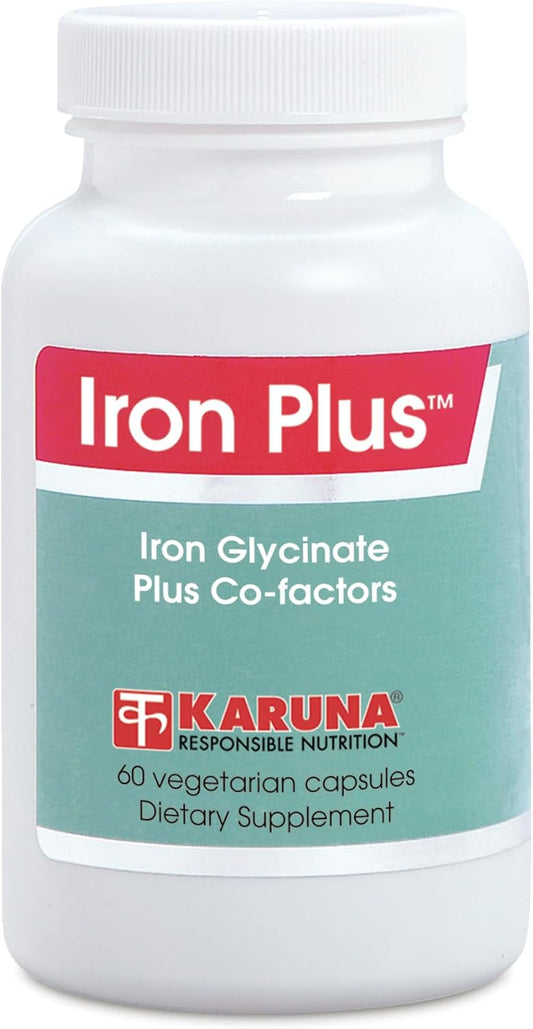Karuna Iron Plus | 60 Vegetarian Capsules | Iron (glycinate) 29mg, Vitamin A, B12, C, Folic Acid, Copper, Manganese, Betaine HCI 100mg