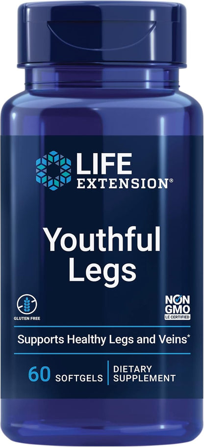 Life Extension Youthful Legs, Blood Flow, Vein Support, Circulation Supplement, Leg Health, Orange Peel Extract, Diosmin, Gluten-free, Non-GM, 60 Softgels