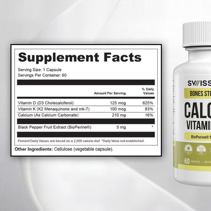 Calcium with Vitamin D3 & K2 – Vegan, Non-GMO Bone and Teeth Support Supplement – 60-Day Supply
