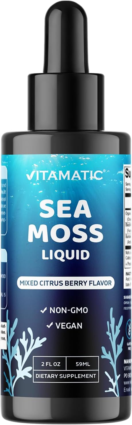 Vitamatic Liquid Organic Irish Sea Moss - Made with Bladderwrack & Burdock Root - 2800 mg per Serving - 60 ml - Sea Moss Supplement for Thyroid, Energy, Immune Support - görsel 1