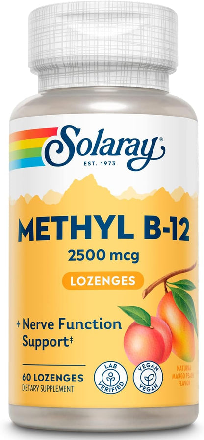 SOLARAY Methyl B-12 Lozenges 2500mcg - Vitamin B12 Food Supplement (Methylcobalamin) - Contributes to Normal Energy Metabolism and Nervous System Function - Mango & Peach - 60 Lozenges