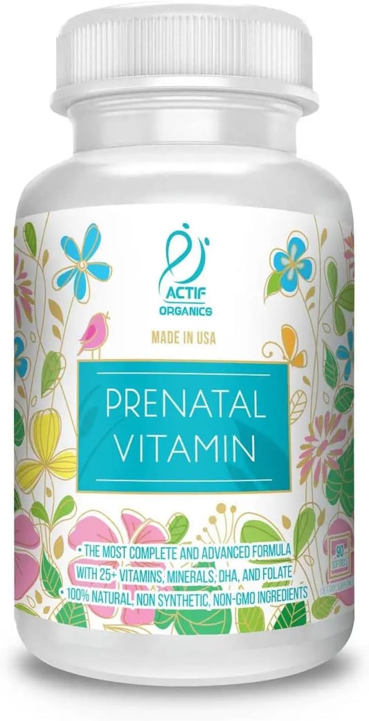 ACTIF Organic Prenatal Vitamin with 30+ Organic Vitamins, 100% Natural, DHA, EPA, Omega-3, and Organic Herbal Blend - Non-GM, 90 Capsules, 2024 Formula