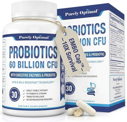 Purely Optimal Probiotics for Digestive Health, 60 Billion CFU – Delayed-Release with Digestive Enzymes & Organic Prebiotics, 30 Capsules