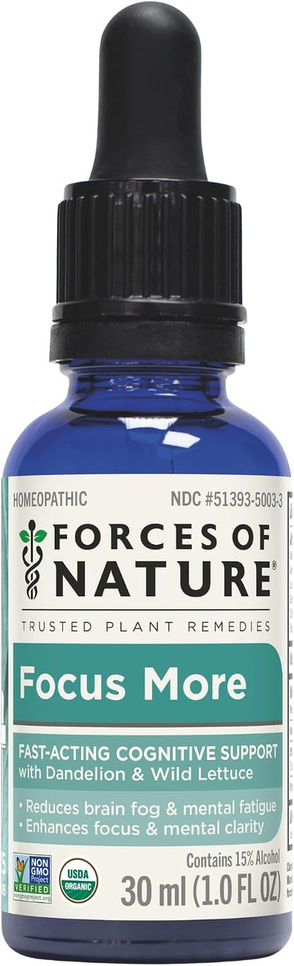 Forces of Nature Organic Focus More Brain Health Support with Dandelion &amp; Wild Lettuce, Homeopathic Sublingual Tincture, 6 Targeted Homeopathics