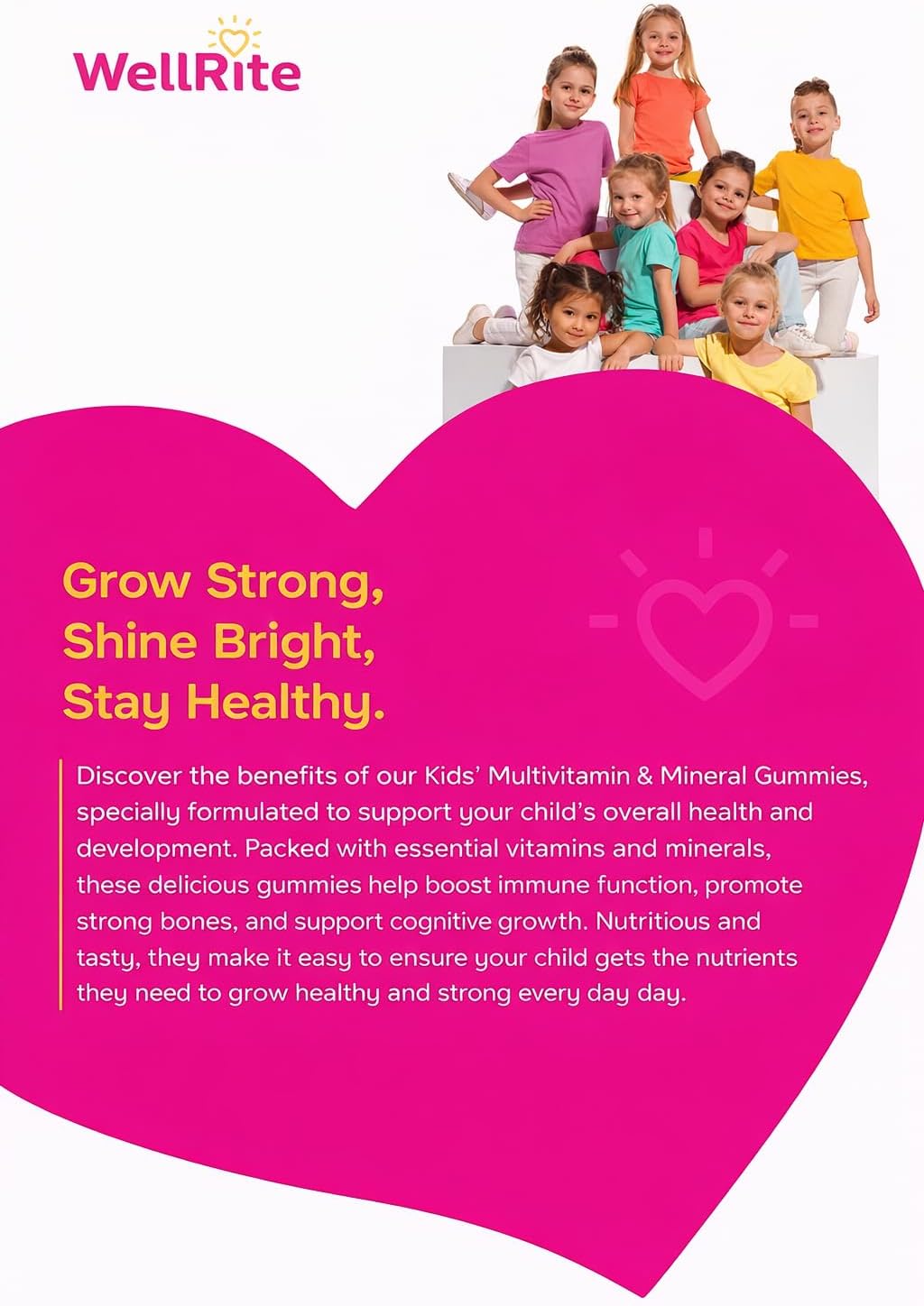 Kids Multivitamin Gummies – Wellrite Vitamin & Mineral for Growth & Immunity, Vegan, Gelatin Free, Gluten-free, Nut Free, 60 Count, Strawberry & Lemon Flavour - görsel 6