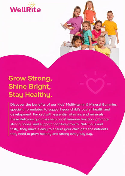 Kids Multivitamin Gummies – Wellrite Vitamin & Mineral for Growth & Immunity, Vegan, Gelatin Free, Gluten-free, Nut Free, 60 Count, Strawberry & Lemon Flavour