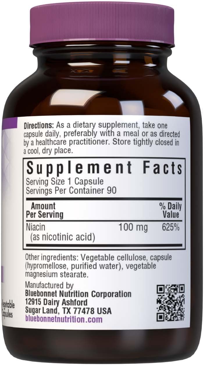 Bluebonnet Niacin 100 mg Vitamin B3 Nicotinic Acid – Supports Normal Energy Metabolism and Skin Health – Non-GMO, Vegan, Kosher, Gluten-Free Flush Niacin Supplement – 90 Vegetable Capsules - görsel 2