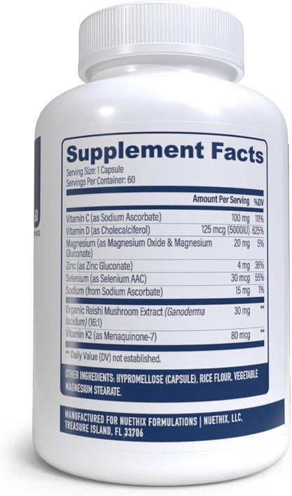 NuEthix Formulations NU-D3 + K2 - Vitamin D3 and K2 5000 IU Food Supplement with Reishi Mushroom, Magnesium & Zinc - 60 Capsules