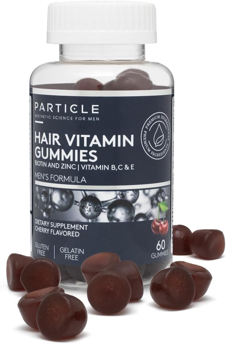 Particle Men's Hair Gummies - Vegan & Gluten-free Hair Supplement with Biotin, Zinc, Vitamin C & B12, Cherry Flavour (60 Gummies) - görsel 1