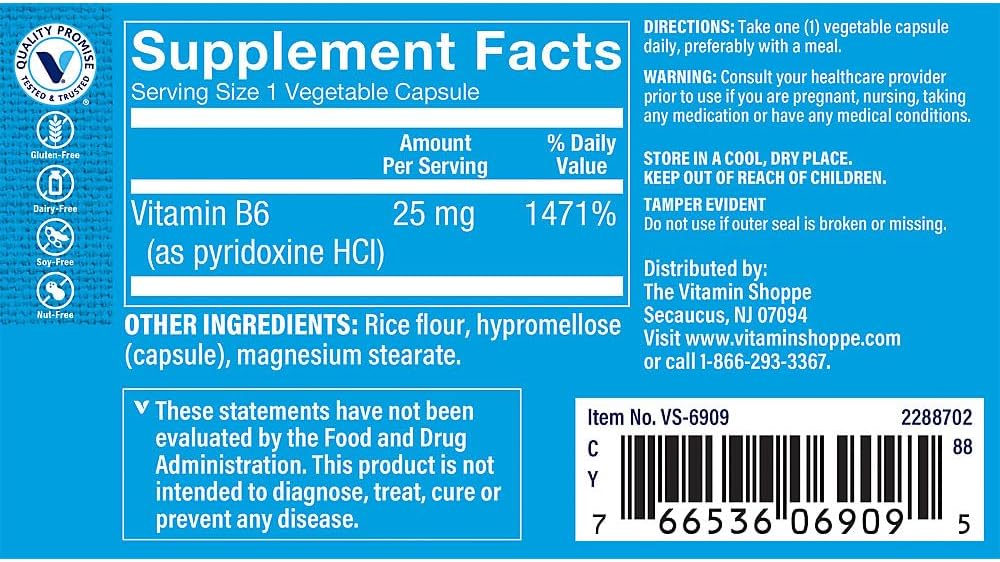 Vitamin B6 25 mg - Normal Nervous System, Psychological Function & Protein Metabolism - 100 Vegetable Capsules - görsel 2