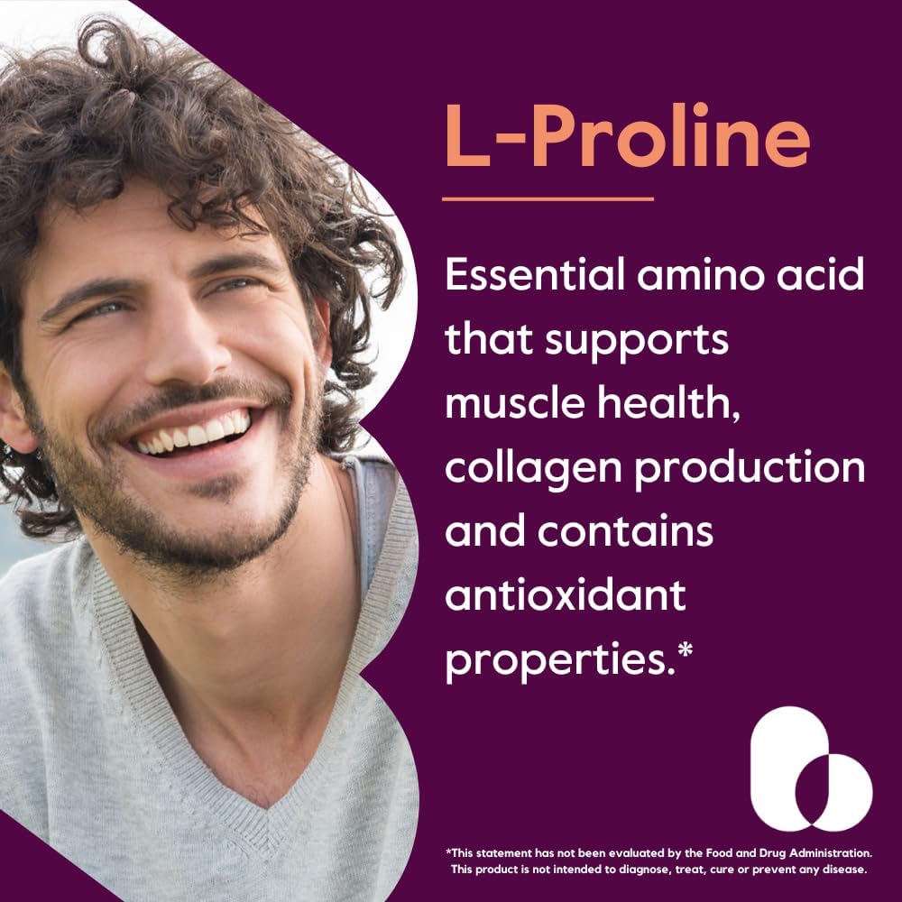 BESTVITE L-Proline 500mg – 120 Vegetarian Capsules – No Stearates, No Fillers, Vegan, Gluten-free, Non-GMO - görsel 2
