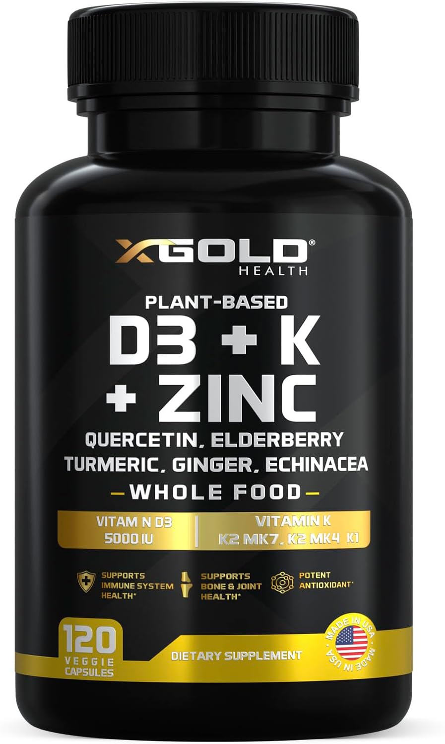 X Gold Health 8-in-1 Vitamin D3 and K2 Complex with Zinc, Quercetin and Elderberry - 120 Capsules - görsel 1