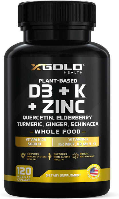 X Gold Health 8-in-1 Vitamin D3 and K2 Complex with Zinc, Quercetin and Elderberry - 120 Capsules
