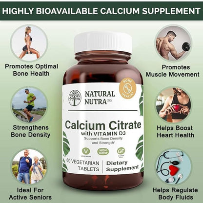 Natural Nutra Calcium Citrate with Vitamin D3 – Supplement for Bone Strength & Heart Health, 60 Tablets