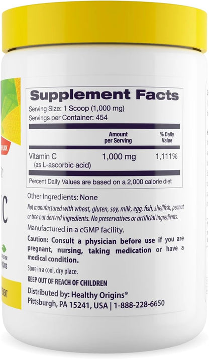 Healthy Origins Vitamin C Powder 1,000 mg (Non-GMO Tested, High Potency, Immune Support, Vegan) 454 g